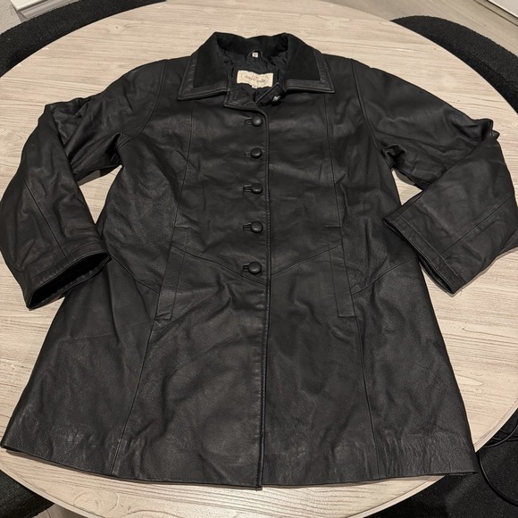 Club Donna Pelle 100% Leather Long Trench Coat Jacket Black SMALL Velvet Collar - Picture 9 of 10